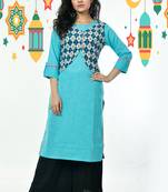Sky Blue Pure Cotton Kurti With Navy Blue Embroidered Stitched Jacket