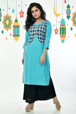 Sky Blue Pure Cotton Kurti With Navy Blue Embroidered Stitched Jacket 2