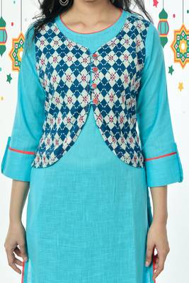 Sky Blue Pure Cotton Kurti With Navy Blue Embroidered Stitched Jacket 3