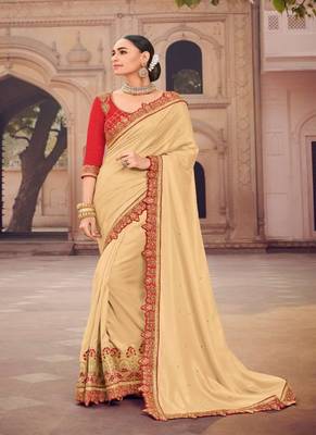 Cream Embroidered Silk Saree With Blouse 1