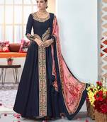 Navy-blue embroidered satin salwar