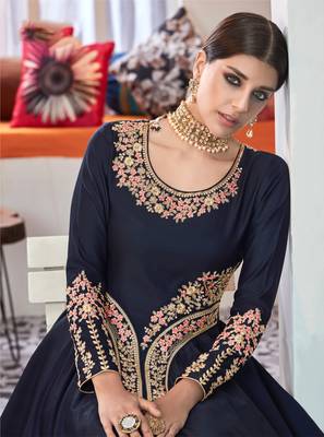 Navy-blue embroidered satin salwar 2