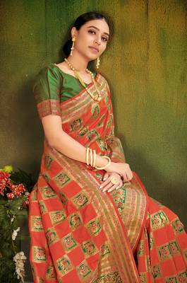 Red woven silk saree with blouse 2