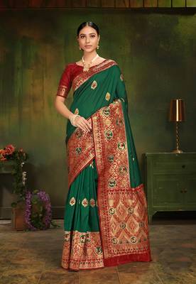 Green woven silk saree with blouse 1