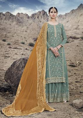Teal embroidered georgette salwar 1