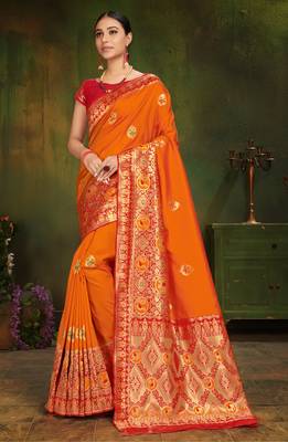 Orange woven silk saree with blouse 2