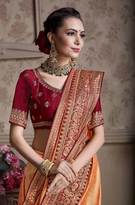 Orange embroidered chiffon saree with blouse 2