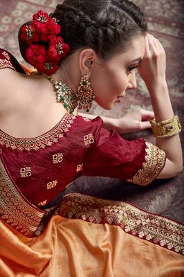 Orange embroidered chiffon saree with blouse 3