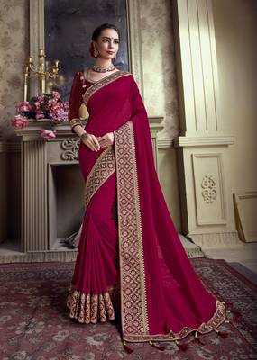 Maroon embroidered chiffon saree with blouse 1