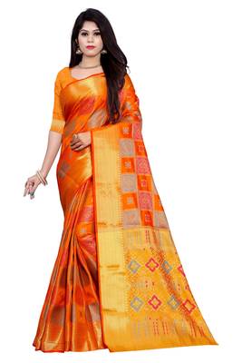 Womens Designer Orange Banarasi  Saree With Designer Blouse 1