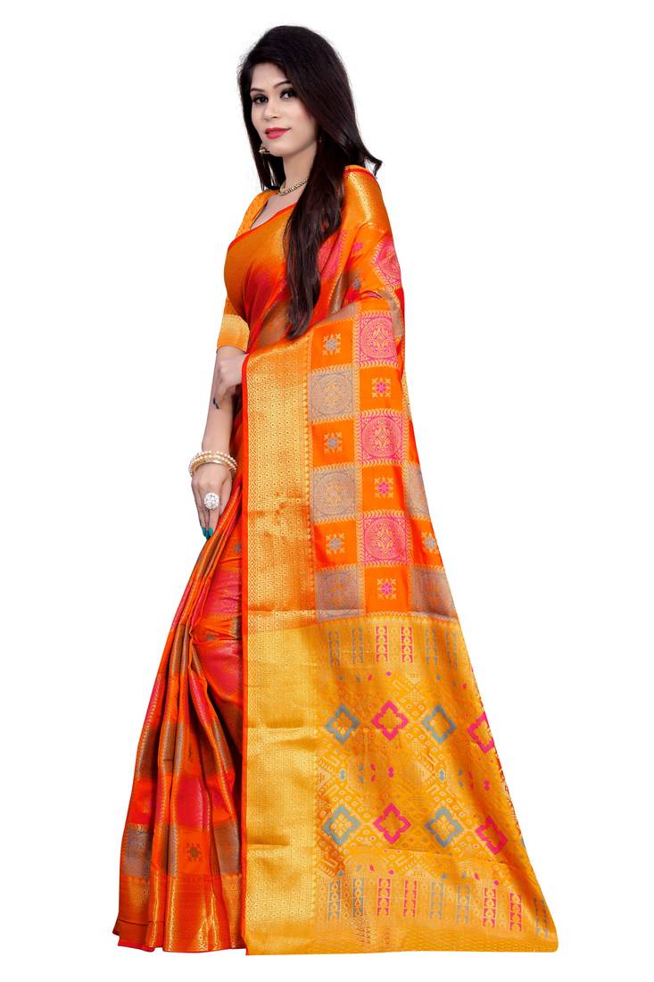 Womens Designer Orange Banarasi  Saree With Designer Blouse