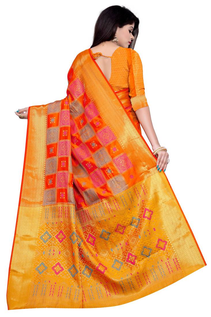 Womens Designer Orange Banarasi  Saree With Designer Blouse