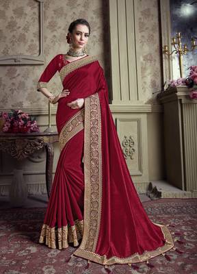 Red embroidered chiffon saree with blouse 1