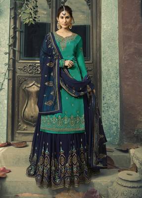 Teal embroidered satin salwar 1