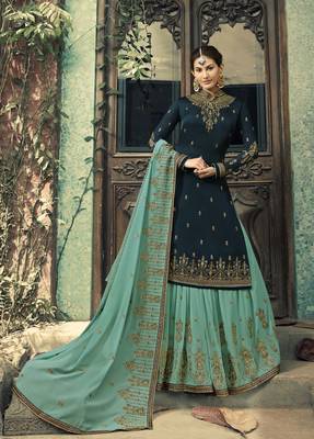 Dark-teal embroidered satin salwar 1