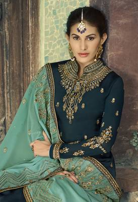 Dark-teal embroidered satin salwar 2