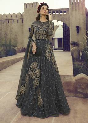 Dark-Grey Embroidered Net Salwar 1