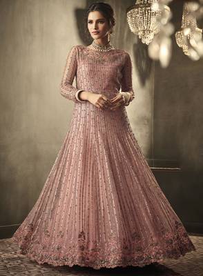 Peach embroidered net salwar 1