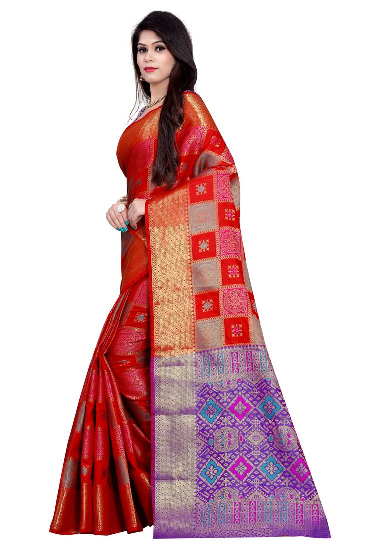 Womens Designer Red Banarasi  Saree With Designer Blouse