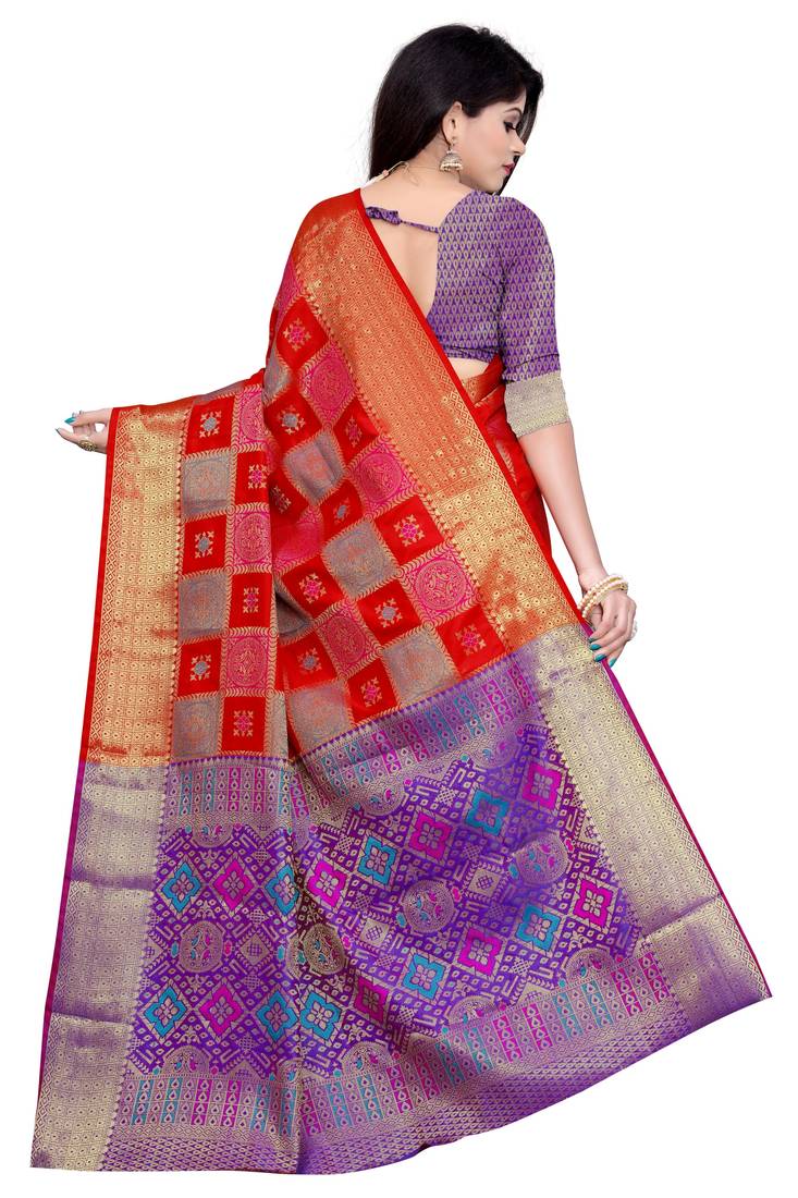 Womens Designer Red Banarasi  Saree With Designer Blouse