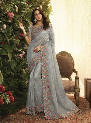 Grey embroidered silk saree with blouse 1