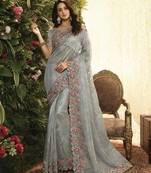 Grey embroidered silk saree with blouse