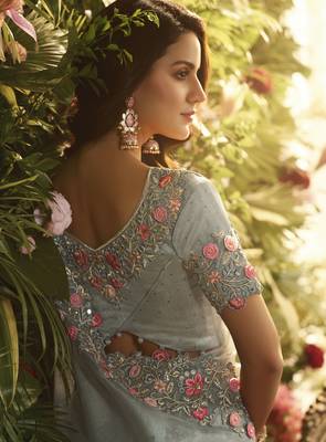 Grey embroidered silk saree with blouse 2