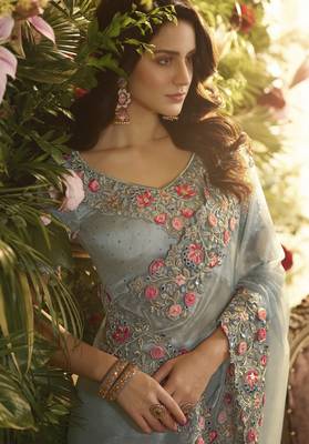 Grey embroidered silk saree with blouse 3