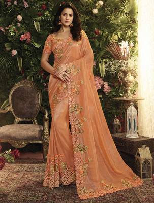 Orange Embroidered Silk Saree With Blouse 1