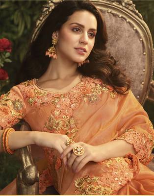 Orange Embroidered Silk Saree With Blouse 2