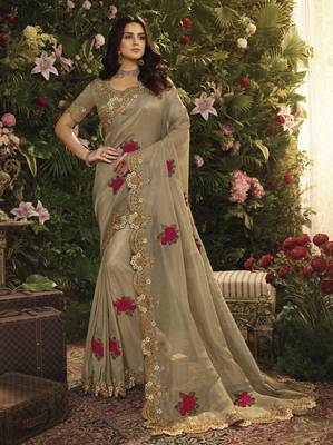 Beige embroidered silk saree with blouse 1