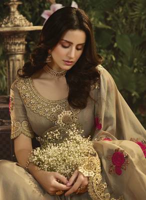 Beige embroidered silk saree with blouse 2