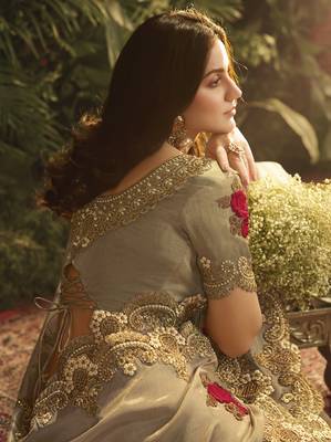 Beige embroidered silk saree with blouse 3