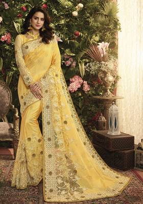 Yellow embroidered silk saree with blouse 1