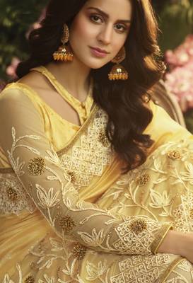 Yellow embroidered silk saree with blouse 2