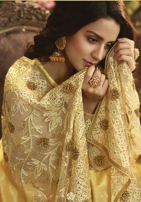 Yellow embroidered silk saree with blouse 3