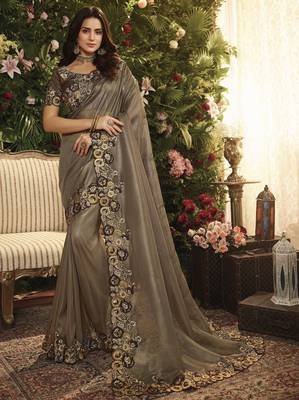 Brown embroidered silk saree with blouse 1