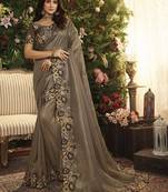 Brown embroidered silk saree with blouse