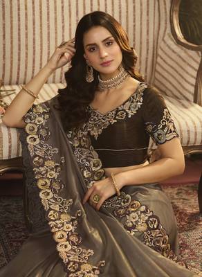 Brown embroidered silk saree with blouse 2