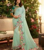 Sky blue embroidered silk saree with blouse