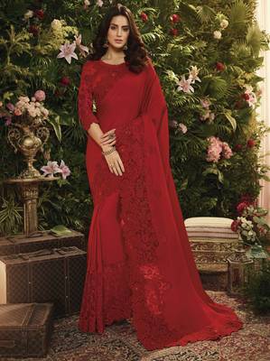 Red embroidered silk saree with blouse 1