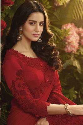 Red embroidered silk saree with blouse 2
