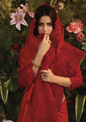 Red embroidered silk saree with blouse 3