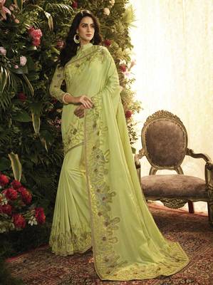 Light parrot green embroidered silk saree with blouse 1