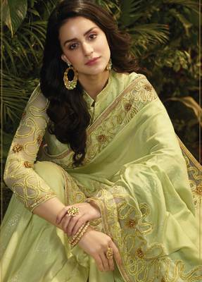 Light parrot green embroidered silk saree with blouse 2