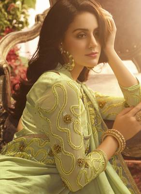 Light parrot green embroidered silk saree with blouse 3