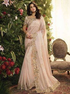 Light pink embroidered silk saree with blouse 1