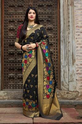 Black woven silk blend  saree with blouse 1