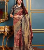 Maroon woven banarasi silk saree with blouse