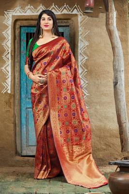 Red woven banarasi silk saree with blouse 1